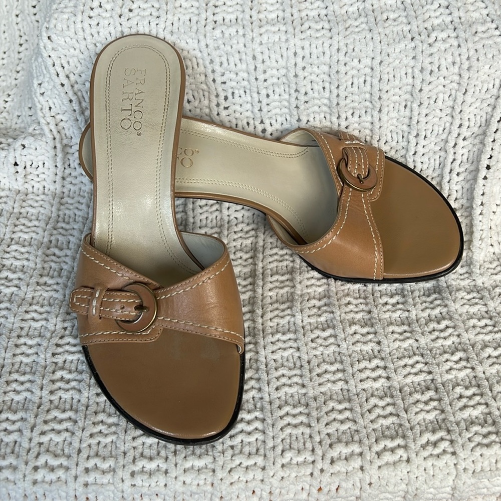 Franco Sarto Womens Leather Open Toe Block Heel Slip-On Sandals Tan Size 8.5
